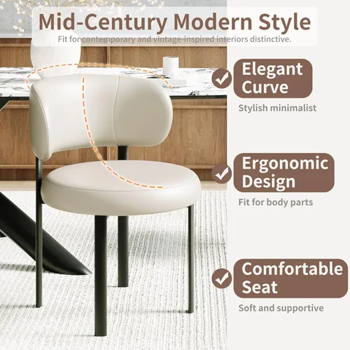 Miniatura 4 de Juego de 2 sillas de comedor beige de cuero con patas de metal, soporte de resorte y respaldo curvado, silla redonda de comedor de cocina
