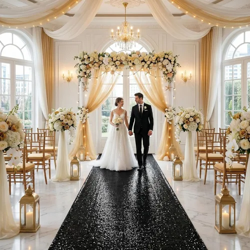 Miniatura 7 de Alfombra de pasillo de 2 x 15 pies para fiesta, alfombra de lentejuelas negras para decoración de baile de graduación, banquete brillante