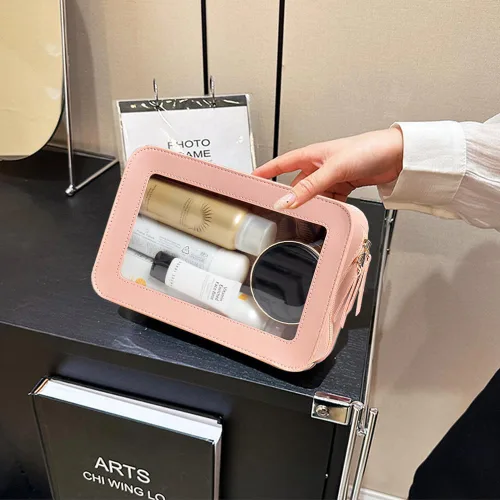 Miniatura 3 de Bolsa de maquillaje transparente pequeña, aprobada por la TSA, bolsa de aseo portátil con cremallera, bolsa de viaje para cosméticos, estuche Rosa