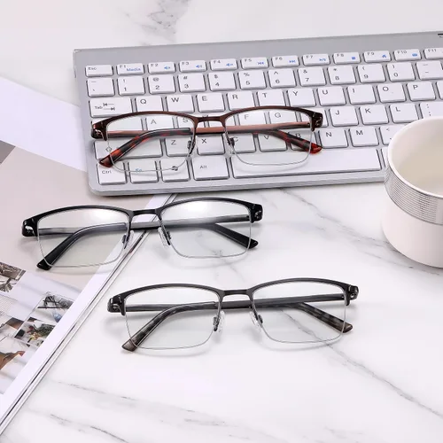 Miniatura 7 de 3-Pack Reading Glasses for Men Blue Light Blocking Fashion Metal Half Wide Frame Readers Semi Rimless Eyeglasses