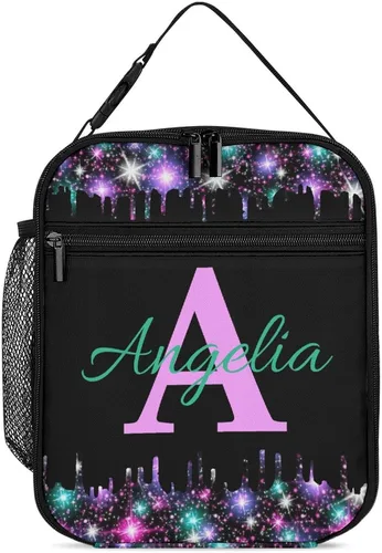 Miniatura 10 de Bolsa de almuerzo con nombre personalizado para hombres y mujeres, con monograma de purpurina azul, hielera, portátil, con nombre, para niñas, azul