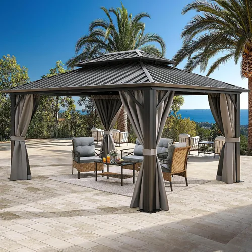 Miniatura 21 de YITAHOME Cenador de techo duro de 10x10 pies con redes y cortinas, acero galvanizado de doble techo resistente combinado con techo de rayas Gris