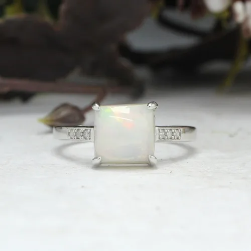 Miniatura 2 de GEMVIO Colección Anillo de compromiso de boda de compromiso con diamantes y piedras preciosas de ópalo blanco natural de 0.315in en oro de 14