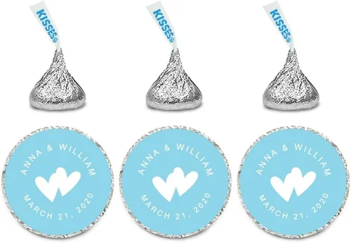 Andaz Press Etiquetas personalizadas de gota de chocolate para boda, nombres y fecha redondos de novios, azul bebé, paquete de 240, personalizadas,