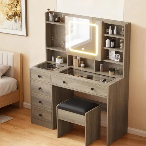 Miniatura 10 de Karl home Tocador de maquillaje con espejo iluminado, escritorio para dormitorio con estación de carga, juego de tocador grande con escritorio