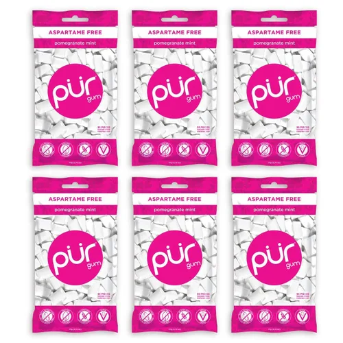 PUR - Chicle de sabor menta y granada elaborado con 100 % xilitol, sin azúcar, aspartamo ni transgénicos, vegano, 55 chicles (paquete de 6 unidades)