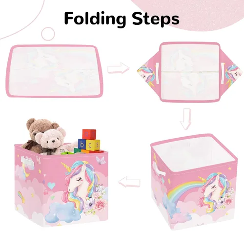 Miniatura 7 de Clastyle Juego de cestas de almacenamiento plegables de unicornio rosa para niños, organizador de ropa, cuarto de bebé, juguetes para niñas, estante
