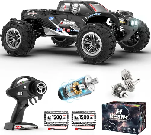 Hosim Camión a control remoto a escala 1:10 de más de 48 KMH para adultos, 4 x 4 todo terreno, auto RC eléctrico impermeable para niños de 8 a 12