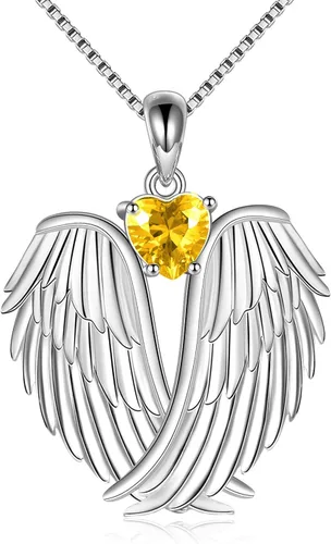 YFN Collar de alas de ángel de plata de ley 925 con colgante de alas de ángel de la guarda, collar de piedra natal para mujeres y niñas, regalos de