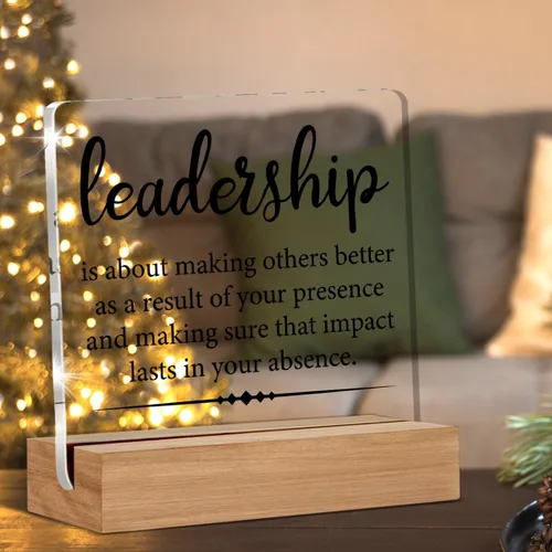 Miniatura 3 de Regalos para líder, jefe, mentor: cita de liderazgo, letrero decorativo de escritorio transparente. "El liderazgo se trata de hacer que otros sean