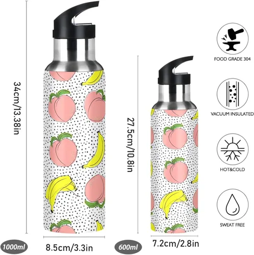 Miniatura 2 de Peaches Bananas Polka Dot Insulated Stainless Steel Water Bottle with Straw 20 Oz, BPA-Free Sports Water Bottle Leakproof Water Bottles