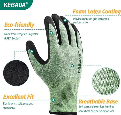 Miniatura 3 de Kebada Guantes de jardinería para hombres, 2 pares de guantes de jardín transpirables, revestimiento de látex de espuma, guantes de trabajo de Verde