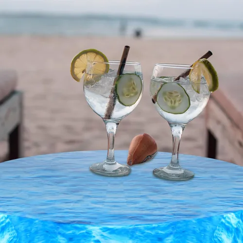 Miniatura 5 de Oudain Mantel redondo de plástico de 84 pulgadas con diseño de olas oceánicas, cubierta redonda para mesa de picnic con temática de océano azul