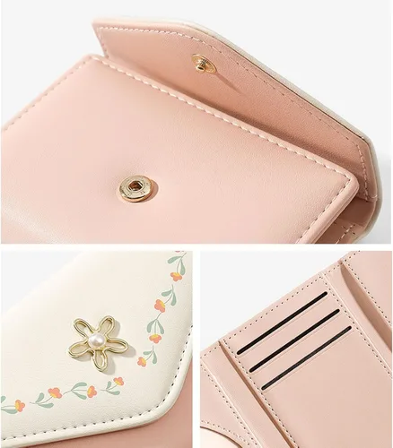Miniatura 6 de Cartera de piel sintética para mujer y niña, con diseño de flores, de tres pliegues, delgada, pequeña, con tarjetero para dinero en efectivo