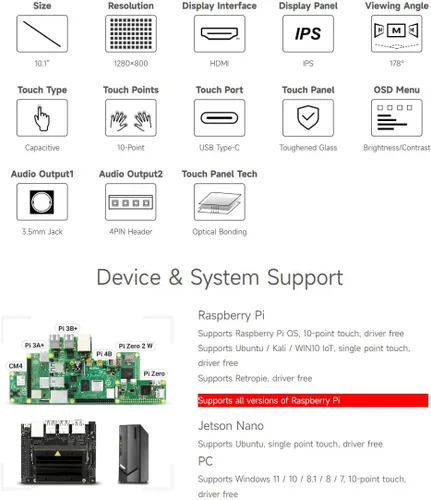 Miniatura 4 de waveshare Pantalla táctil capacitiva IPS de 10.1 pulgadas, resolución de 1280 × 800, interfaz HDMI, compatible con Raspberry Pi 5/4B/3B/Zero/Zero