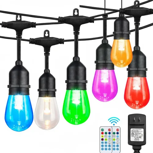 Auroraworld - Cadena de luces LED RGB para exteriores de 24 pies, con control remoto, cambio de color regulable, resistente al agua, para patio,