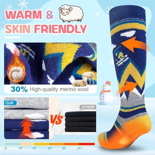 Miniatura 2 de unenow Calcetines de esquí de lana merino para niños, 2 pares, calcetines térmicos cálidos de invierno para niños y niñas pequeños