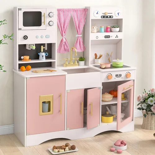 INFANS Juego de cocina de niños, juego de cocina de juguete con máquina de café, estufa, fregadero removible, microondas, gabinete de