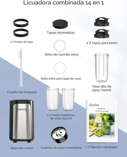 Miniatura 7 de Ganiza Licuadora para batidos, 14 licuadoras personales para batidos y batidos para cocina con 3 tazas portátiles (1 x 24 onzas y 2 x 17 onzas)