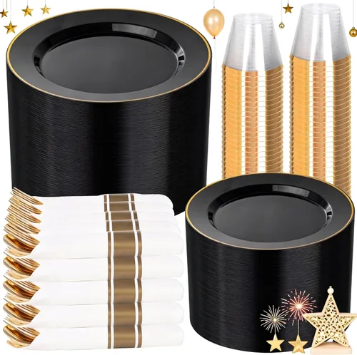 Miniatura 11 de SUT Juego de vajilla de plástico negro y dorado de 175 piezas para 25 invitados, incluye: 25 platos llanos, 25 platos de postre, 25 servilletas