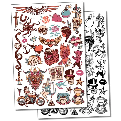 American Traditional Vintage Vintage Tatuaje Temporal Tatuaje Resistente al Agua Falso Body Art Colección - Negro (una hoja)