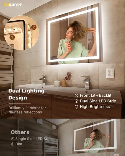 Miniatura 2 de Ensenior Espejo de Baño LED de 40" x 32" con Luz Frontal y Posterior, Espejos de Pared Regulables sin Escalones con Anti-Empañamiento, A Prueba