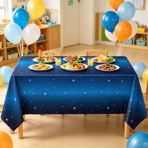 Miniatura 4 de Juego de 4 manteles de noche estrellada – Mantel rectangular de plástico de 86 x 51 pies, cubierta de mesa temática espacial – Suministros