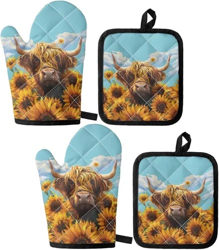Miniatura 32 de UNICEU Juego de 4 manoplas de horno personalizadas y soportes para ollas, decoración de cocina, guantes protectores personalizados para hornear