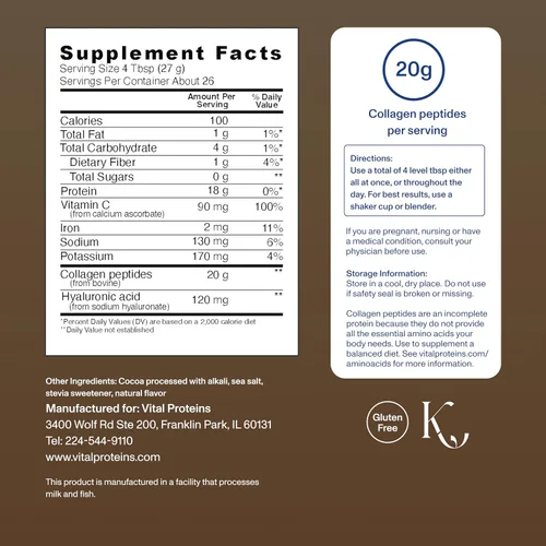 Miniatura 3 de Vital Proteins Péptidos de colágeno avanzados, péptidos hidrolizados con ácido hialurónico y vitamina C - Polvo sabor chocolate, 24.7 onzas