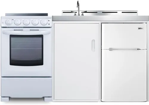 Summit ACK60ELSTW - Cocina todo en uno de 60 pulgadas con cocina eléctrica, refrigerador-congelador, fregadero, color blanco