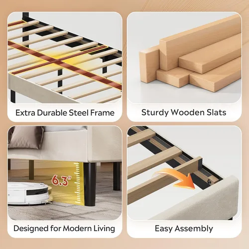 Miniatura 6 de WLIVE Base de cama tapizada, marcos de cama individual con cabecero, cama de plataforma con listones de madera, base de colchón de 600 libras,