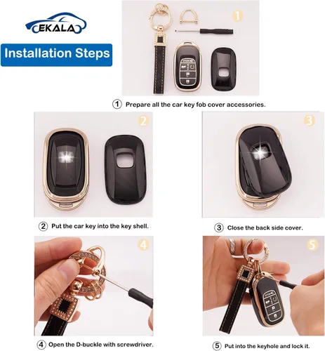 Miniatura 4 de Ekala para Honda Funda para Llavero con Llavero de Cuero, 5 Botones Carcasas de Teclas de TPU Suave Compatibles con Honda Civic Accord Pilot CR-V