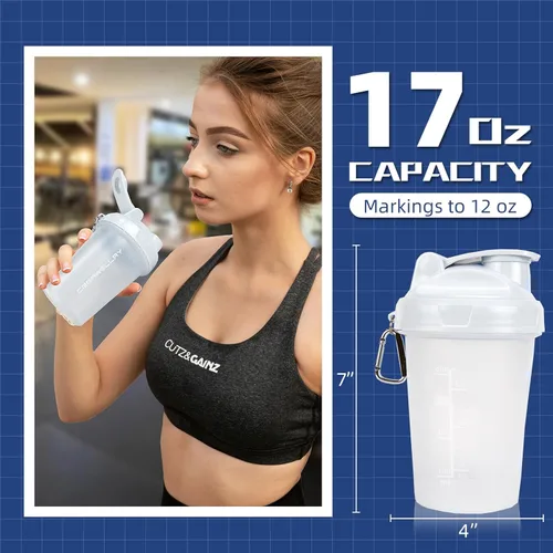 Miniatura 2 de Paquete de 2 botellas agitadoras para mezclas de proteínas, botella pequeña de 17 onzas con asa, tazas agitadoras de gimnasio con bola mezcladora