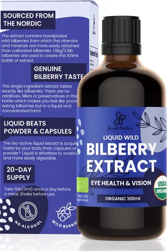 Jungle Powders Extracto de arándano silvestre para ojos USDA orgánico botella de 3.4 onzas de arándano líquido antocianina sin alcohol, suplemento