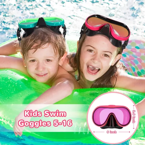 Miniatura 4 de Keary Kids Swim Goggles with Nose Cover for 5-16 Anti Fog Swimming Mask for Toddler Boys Girls Youth Negro y rosa (lente espejo)