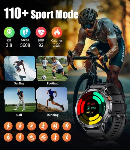 Miniatura 5 de LIGE Reloj inteligente militar para hombre, 730 mAh/1.75 pulgadas, pantalla táctil HD AMOLED, con linterna LED para Android iOS, rastreador