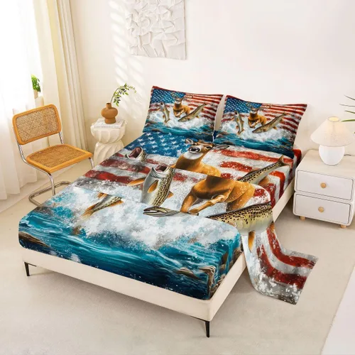 Miniatura 35 de Erosebridal American Flag Bed Sheets Twin Army Green Camo Deep Pocket Fitted Sheet for Kids Boys Girls Bear Claw Hunting Theme Bedding Set Camoflage