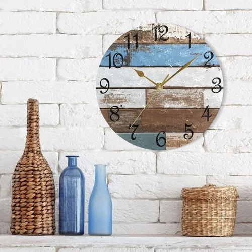 Miniatura 7 de Reloj de pared rústico retro con puerta de granero de madera, marrón, azul, funciona con pilas, silencioso, sin tictac, 10 pulgadas, reloj de mesa