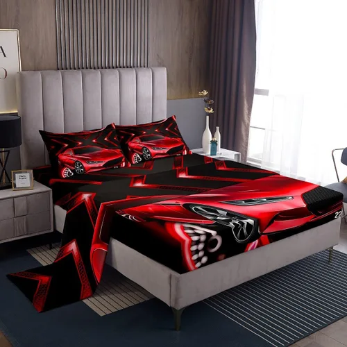 Erosebridal Sábana bajera para cama de auto de carreras roja, sábana bajera ajustable para niños, adolescentes, dormitorio, 3 piezas, para deportes