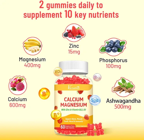 Miniatura 3 de Paquete de 2 gomitas de calcio con magnesio, zinc, vitamina D3 y B12, suplementos de calcio para mujeres y hombres, apoyo a los huesos, los músculos
