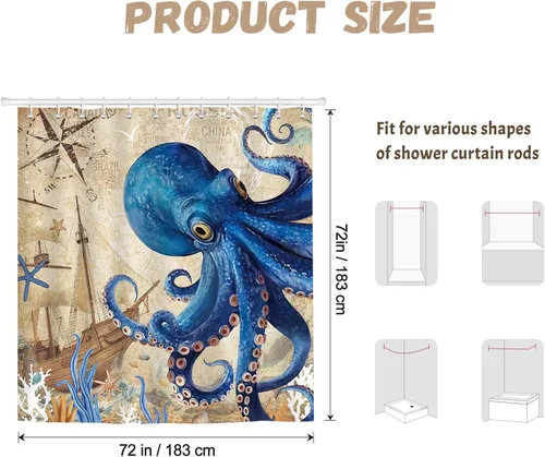 Miniatura 7 de Dazzlewall Cortina de ducha de pulpo, cortina de baño azul náutico, retro, decoración de baño, tela de poliéster impermeable con 12 ganchos, 72 x 72
