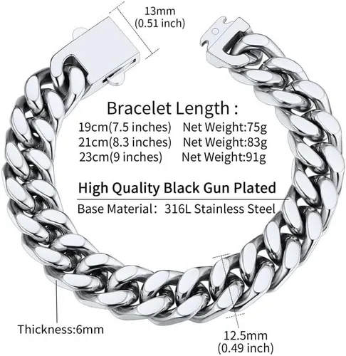 Miniatura 6 de ChainsHouse Pulsera de eslabones cubanos de acero inoxidable para hombre, 0.197in0.276in0.354in0.472in de ancho, 7.5"8.3"9" de largo, negro18K