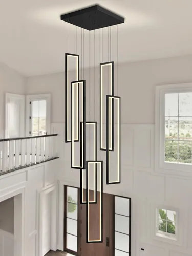 Miniatura 10 de Flashing God Candelabro moderno, candelabros cromados con 6 anillos LED, lámpara de techo alto más grande para sala de estar, lámpara rectangular