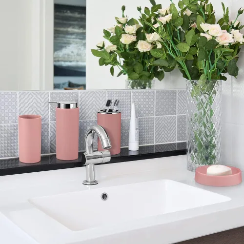 Miniatura 8 de Otostar Juego de accesorios de baño de plástico con dispensador de jabón, soporte para cepillos de dientes, soporte para vasos, jabonera, soporte