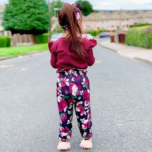 Miniatura 4 de YALLET 3 piezas de ropa de niña pequeña, color liso, manga larga, con volantes, pantalón floral + diadema floral