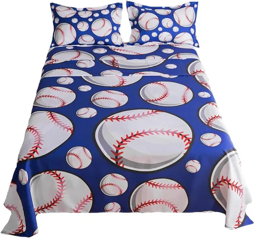 Miniatura 14 de ADASMILE A & S - Juego de sábanas de béisbol para niños y adolescentes, tamaño individual, con impresión 3D de pelota azul, sábanas deportivas