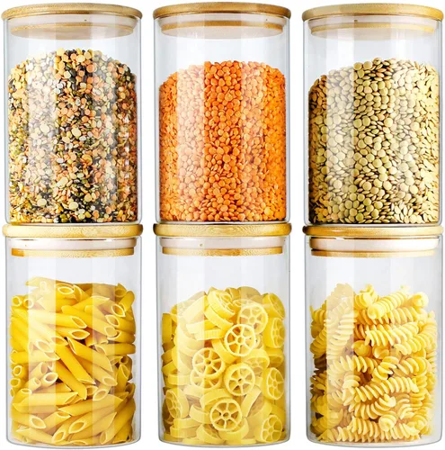 Miniatura 8 de Tarros de vidrio con tapas de bambú (16 onzas en 9 unidades), juegos de tarros y recipientes para alimentos con tapas, tarros de almacenamiento