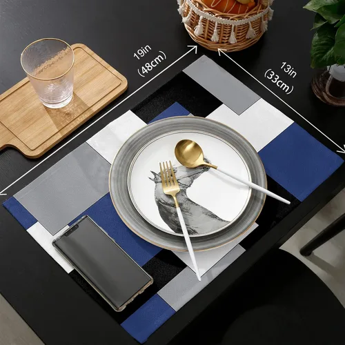 Miniatura 6 de Juego de 4 manteles individuales geométricos abstractos para comedor, mesa de comedor, color azul de mediados de siglo, nórdico, lavables