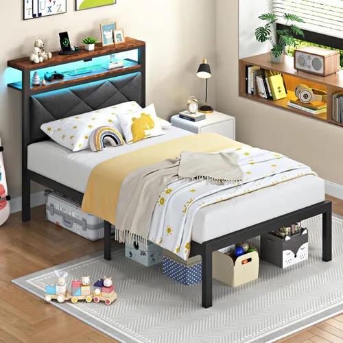 Miniatura 6 de ChicZhiNest Marco de cama individual con cabecero LED y estación de carga USB incorporada, cama de metal tapizada en lino con respaldo y estantes