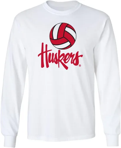 CornBorn Elige tu diseño - Camisetas de manga larga de voleibol de Nebraska Voleibol Script Huskers - Blanco